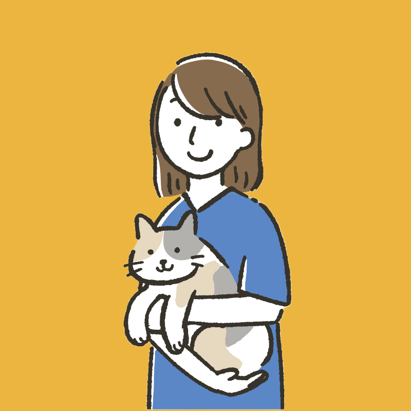 Avatar veterinaria Illustrazione femminile di un medico veterinario che tiene in braccio un gatto. Lo sfondo è tinta unita giallo.