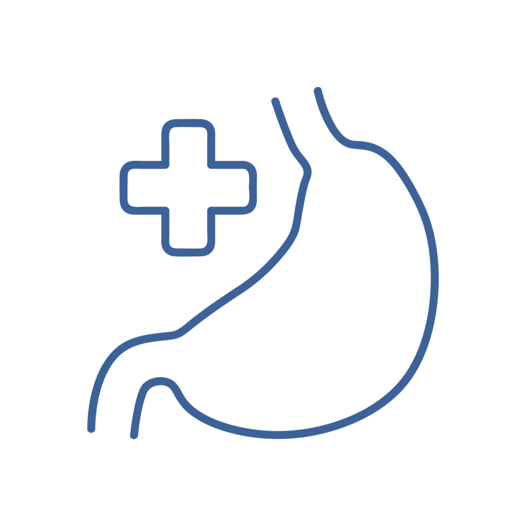 GASTROENTEROLOGIA Icona di uno stomaco stilizzato con una croce medica, che rappresenta la gastroenterologia dell'ospedale veterinario Parma.