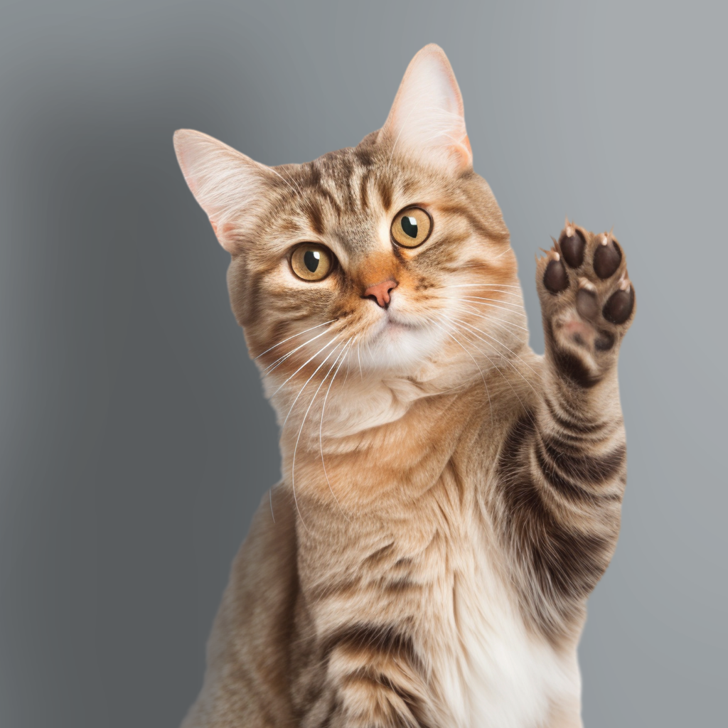 Un gatto tigrato in primo piano alza la zampa per salutare. Lo sfondo è tinta unita grigio