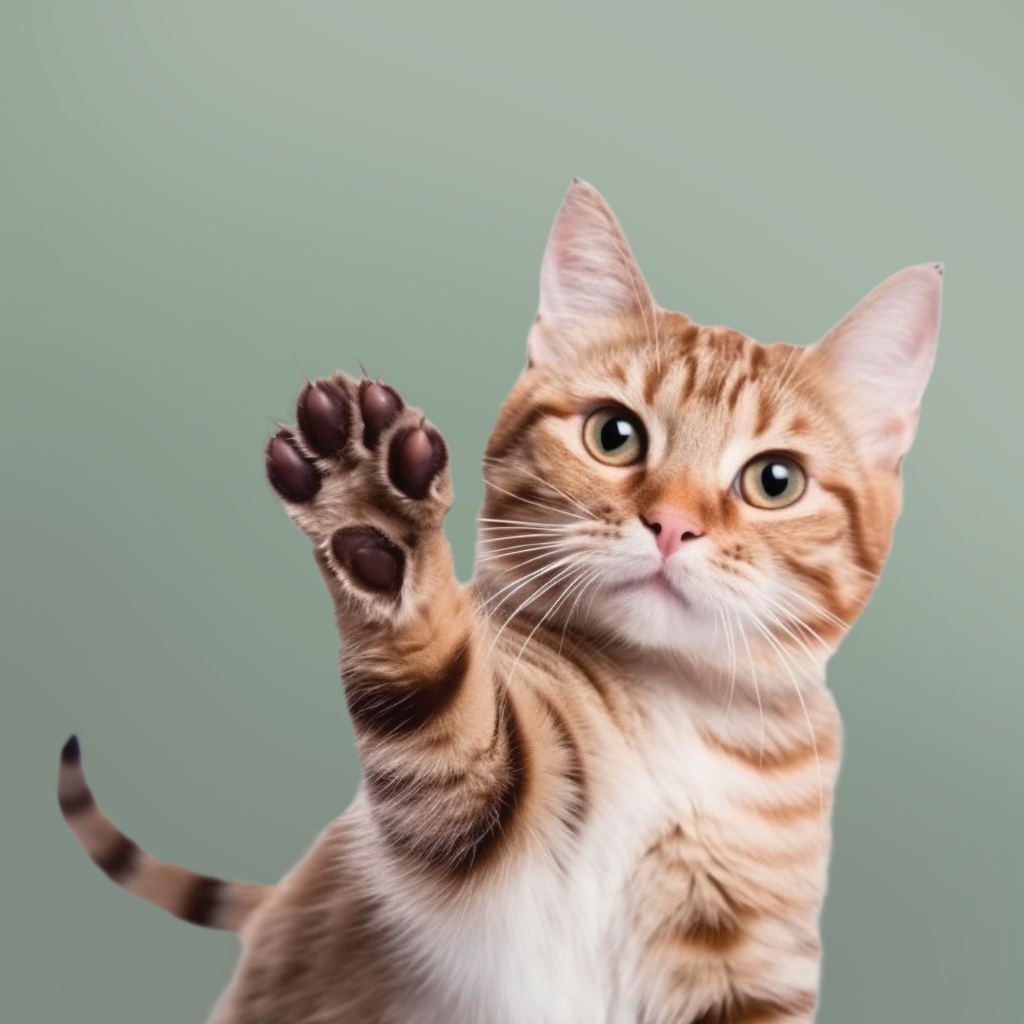 Un gatto tigrato in primo piano alza la zampa per salutare. Lo sfondo è tinta unita verde